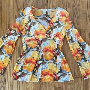 Retro 90s Y2K Vertigo Paris V Neck Flare Bell Sleeves Mesh Orange Floral Top M